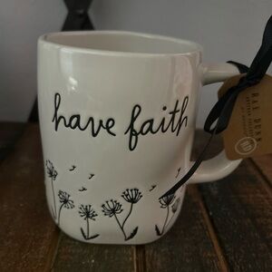 Rae Dunn Black And White HAVE FAITH Mug With DANDELION Floral Farmhouse NEW